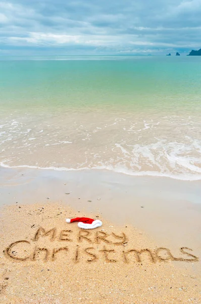 Christmas Holiday Vacation Concept Merry Christmas Written Tropical Beach Sand — Stock Photo, Image