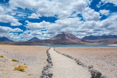 Manzara, Miniques, Şili, Güney Amerika'da Atacama Altiplana çöl, Laguna Miscanti Tuz Gölü ve dağlar