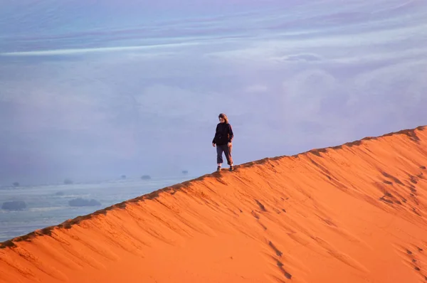 Woman Tourist Walking Top Dune Namib Desert Holiday Travel Africa — Stock Photo, Image