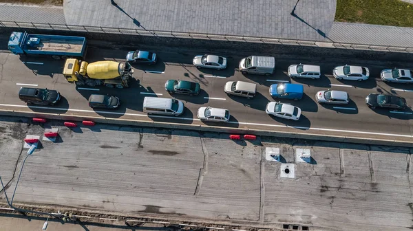 Vista Superior Aérea Del Atasco Tráfico Automóviles Carretera Muchos Coches — Foto de Stock