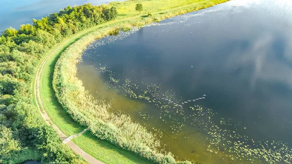 Vue Aérienne Par Drone Sentier Sur Barrage Dans Eau Polder — Photo