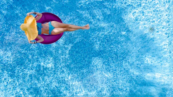 Beautiful Woman Hat Swimming Pool Aerial Top View Young Girl — Stock Photo, Image