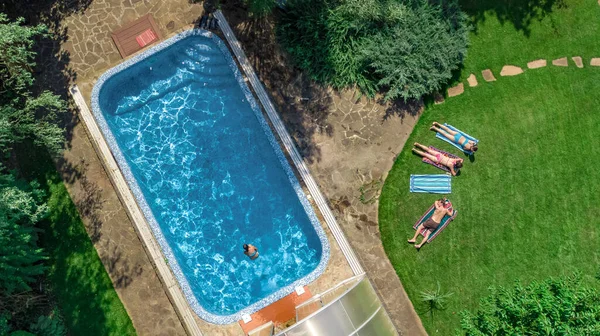 Happy Family Relaxing Swimming Pool Aerial Drone View Parents Kids — Stock Photo, Image