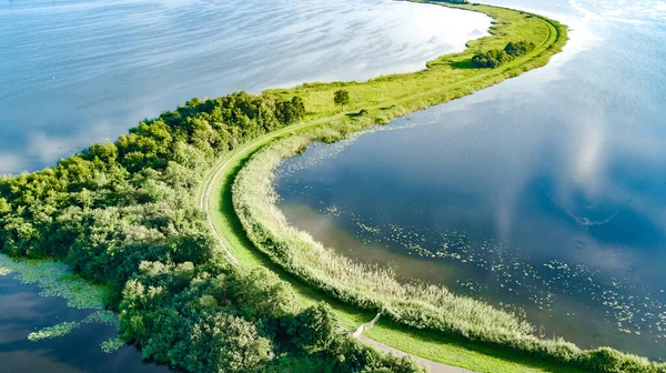 Vue Aérienne Par Drone Sentier Sur Barrage Dans Eau Polder — Photo