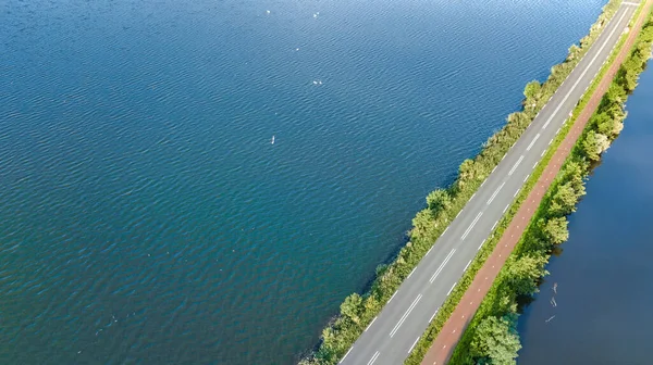Aerial Drone View Motorway Road Cycling Path Polder Dam Cars Stock Image