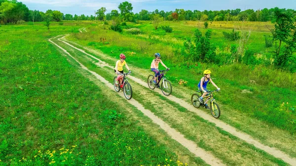 Bisikletle Gezen Aile Yukarıdan Hava Manzaralı Mutlu Aktif Anne Çocuklarla — Stok fotoğraf