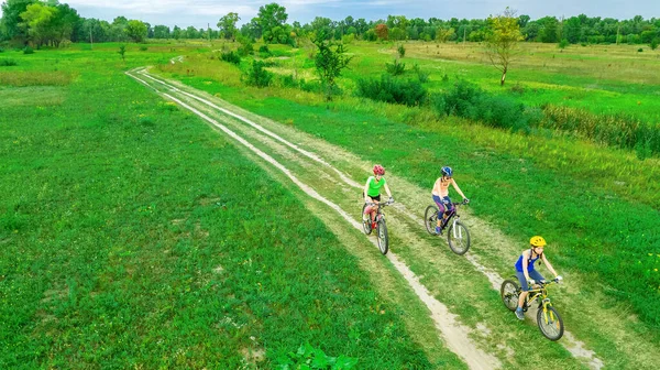 上からの屋外の空中ビューでの自転車の家族サイクリング 子供たちと幸せなアクティブな母親は楽しみ 家族スポーツとフィットネスを持っています — ストック写真