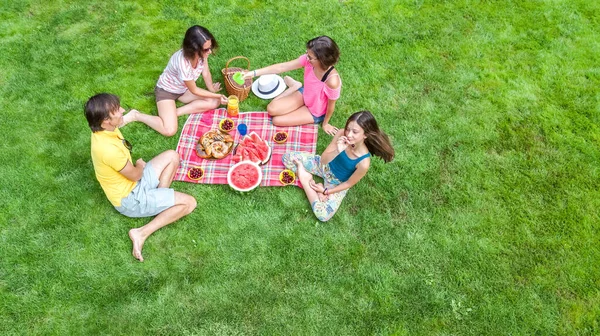 快乐的家庭 孩子们在公园野餐 父母带着孩子坐在花园的草地上 在户外吃着健康的饭菜 空中无人飞机俯瞰 家庭度假和周末的概念 — 图库照片