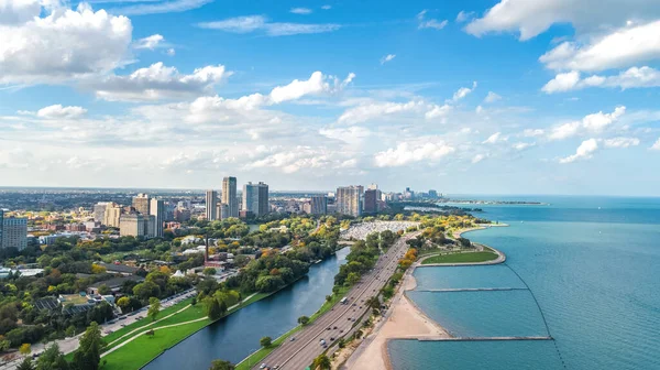 Chicago Skyline Αεροφωτογραφία Drone Από Ψηλά Λίμνη Michigan Και Την Royalty Free Εικόνες Αρχείου