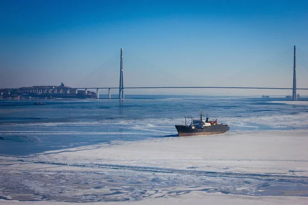The cold sea, the Far East, Vladivostok. On the surface of white snow, ice. There is one ship in the roadstead. In the distance is a large modern bridge made of concrete. Sunny day, vignetting.