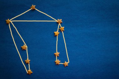 Takımyıldızı Terazi burcu, burç burcu. Hava kuvvetleri. Astroloji, yıldızlarla ilgili tahminler. Parlak mavi arka plan, vignet. Resim yazar tarafından yapılmıştır..