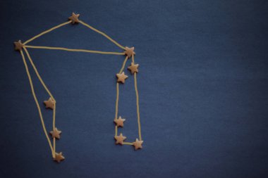 Terazi burcunun burç takımyıldızı şematiksel olarak küçük yıldızlar tarafından dizilmiştir. Koyu gri arka plan, vignet. Resim yazar tarafından yapılmıştır..