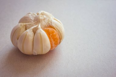Large garlic onion with one orange slice of mandarin. Strange person, not like the others, odd man out. Hostility, another team. Daylight. clipart