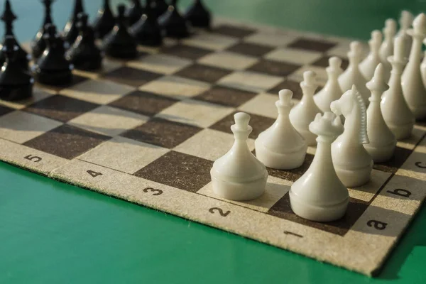 The starting position for a chess game. Evaluation of the enemy, planning the first move, the next step, the analysis of the situation, confrontation. Green background, sunlight.