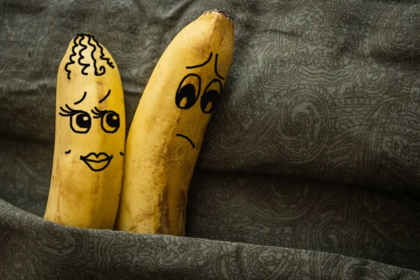 Wife Inclines Her Husband Sex Refuses Two Bananas Family Bed — Stock Photo, Image