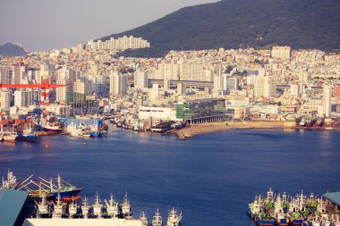 Güney Kore, Busan panoraması. Büyük uluslararası liman, bir sürü gemi. Uzakta yüksek evler, binalar var. Parlak mavi deniz. Güneş ışığı.