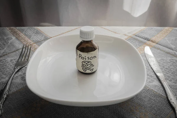 Served Table Plate Bottle Poison Poisoning Bad Food Death Poison — Stock Photo, Image