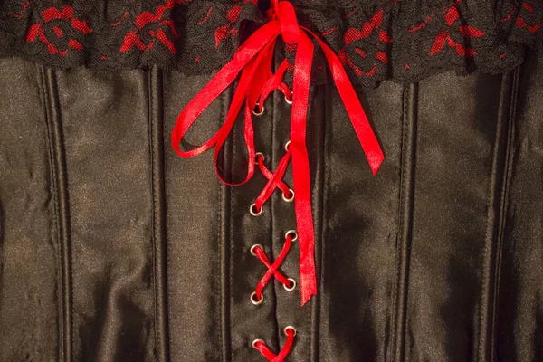 Lace Corset Close Red Lacing Background Made Black Shiny Satin — Stock Photo, Image