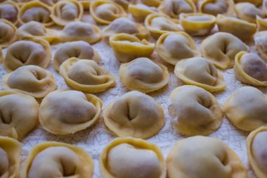 Hafif bir tepside, un serpiştirilmiş, bir sürü çiğ hamur köftesi. Ulusal Rus yemeği, geleneksel mutfak. Gün ışığı.