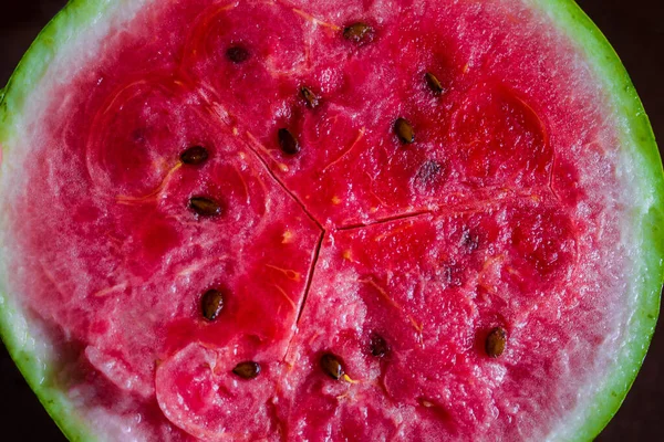 Half Watermelon Red Pulp Brown Seeds View — Stock Photo, Image