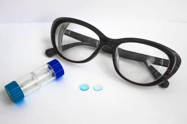 Modern Correction Vision White Background Two Blue Contact Lenses Container — Stock Photo, Image