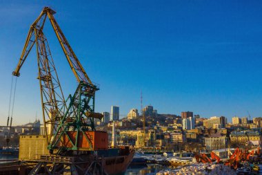 Limanda büyük bir vinç boşaltma işlemleri üretir. Kargo teslimatı deniz taşımacılığı, ulaşım hizmetleri. Uzaktaki modern bir şehrin manzarası. Güneşli sabah.