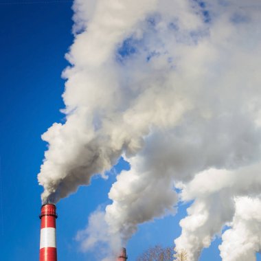 Mavi gökyüzüne karşı endüstriyel borulardan beyaz duman. Ekolojik felaket, atmosfer kirliliği. Vignetleme.