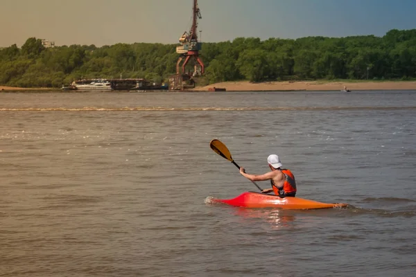 Man Athlete Floating River Kayak Active Lifestyle Summer Vacation Sunny — Stock Photo, Image