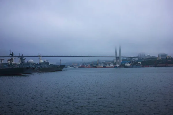 一个大货运港 停放军用和货轮 一座横跨海湾的长斜拉桥 多云的早晨 从水面眺望 — 图库照片