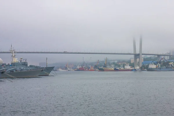 港口景观 沿岸的船只 巨大的现代桥梁 多雾的早晨 — 图库照片