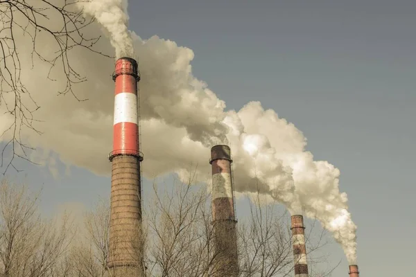 Труби Димлять Небі Забруднення Атмосфери Погані Екологічні Умови Заплутані Тони — стокове фото