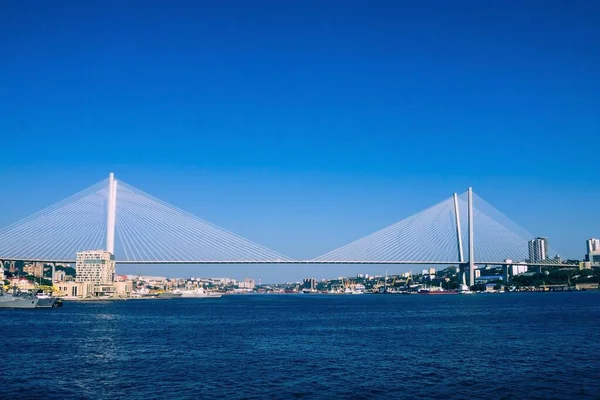 Parlak güneşli bir gün, mavi bir gökyüzü ve deniz. Uzakta, şehir binaları, modern mimari. Suyun üstünde beyaz kablolu bir köprü var. Uzayı kopyala, vignetting.