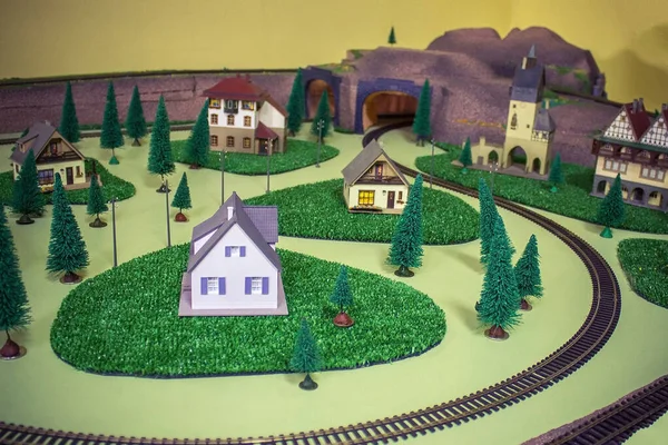 Toy Buildings Railway Trees Away Tunnel Small Town Layout Artificial — Stock Photo, Image