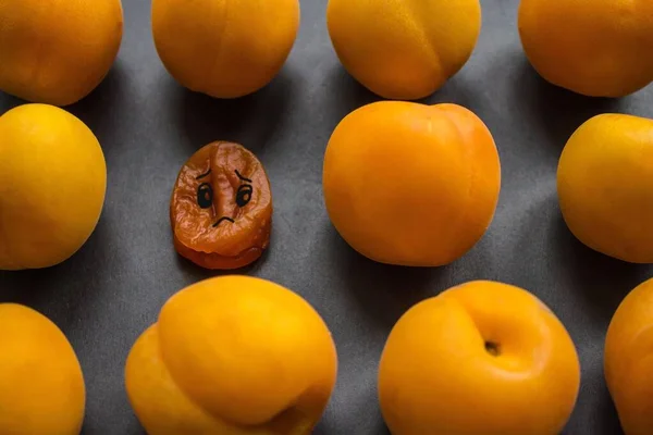 Dry Shriveled Apricot Fresh Smooth Juicy Deterioration Appearance Aging Skin — Stock Photo, Image