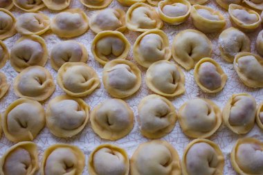 Et köfteleri, elle şekillendirilmiş, sıra sıra dizilir. Ev yapımı, geleneksel bir Rus mutfağı. Yukarıdan görüntüle.