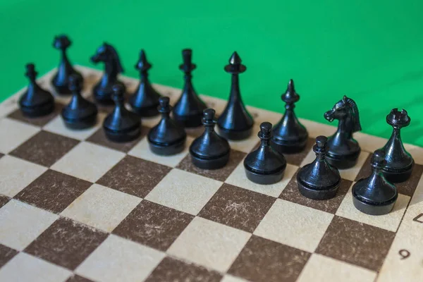 The position of the blacks before the start of the chess match. Figures are lined up in two rows on an old cardboard. Daylight, green background.