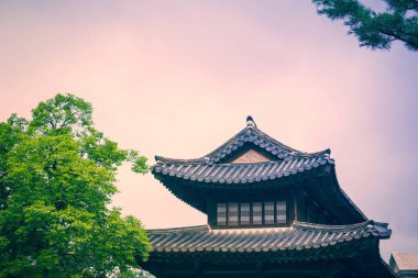 Geleneksel Kore mimarisi. Gökyüzüne karşı antik bir ev. Döşeme çatısı. Yeşil ağaçların etrafında. Uzayı kopyala, tonu.