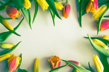 Açık arkaplanda sarı ve kırmızı laleler. Tebrikler, Kadınlar Günü, Anneler Günü. Tonlama.