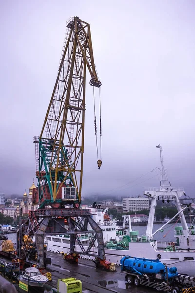 Grote Vrachtterminal Haven Van Vladivostok Kraan Tegen Lucht Vlakbij Kust — Stockfoto