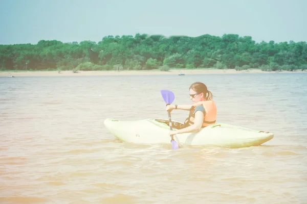 Kayaking Water Recreation Girl Life Jacket Kayak Hands Paddle Lake — Stock Photo, Image