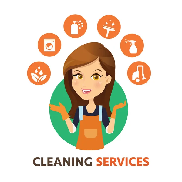 Woman character and house cleaning symbol. — Stock Vector