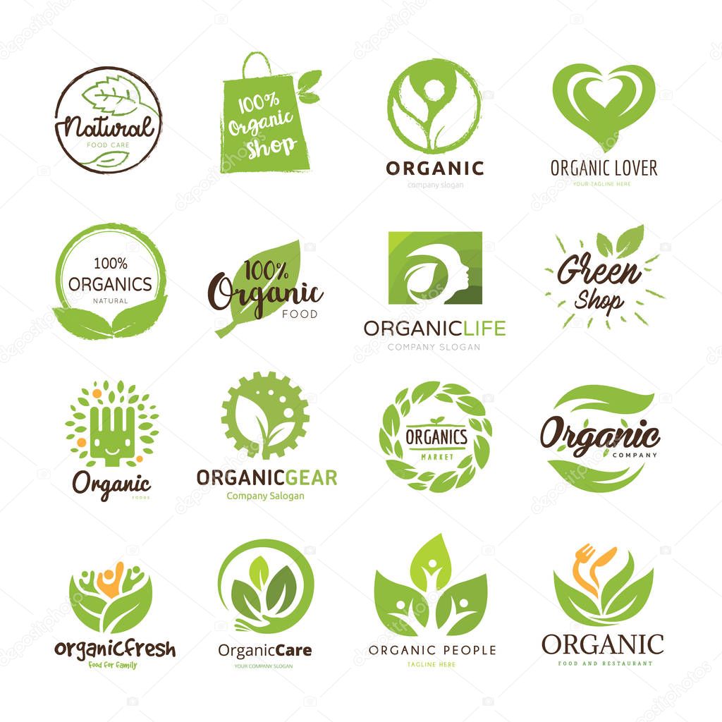 Organic food logo, set for food and drink logo, restaurants and eco care