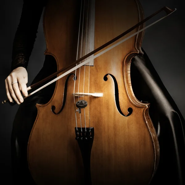 Cello player cellist closeup violoncello with bow — Stock Photo, Image