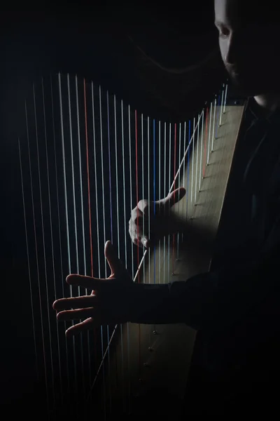 Harp player. Harpist hands playing Irish harp strings