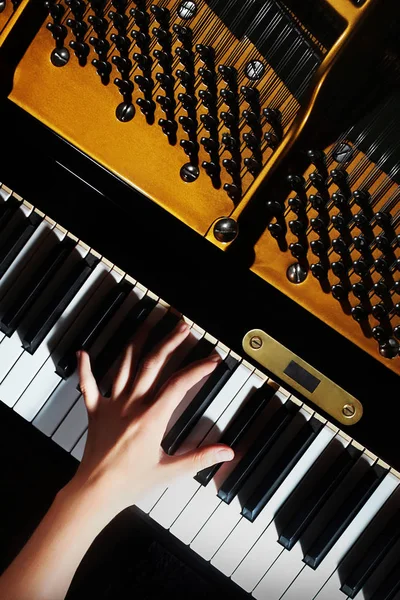 Piano à queue gros plan pianiste mains jouer — Photo