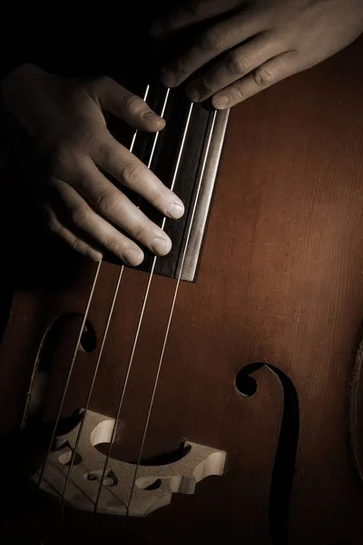 Kontrabas spelare händer spelar Kontrabas strängar cello — Stockfoto