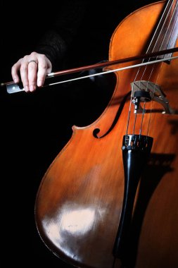 Viyolonsel çalar. Yay ile viyolonsel çalmaya çellist eller