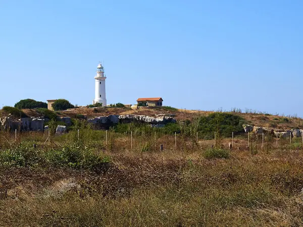 Maják Pobřeží Paphos Kypr Blízkosti Archeologického Naleziště Středozemního Moře Slavná — Stock fotografie