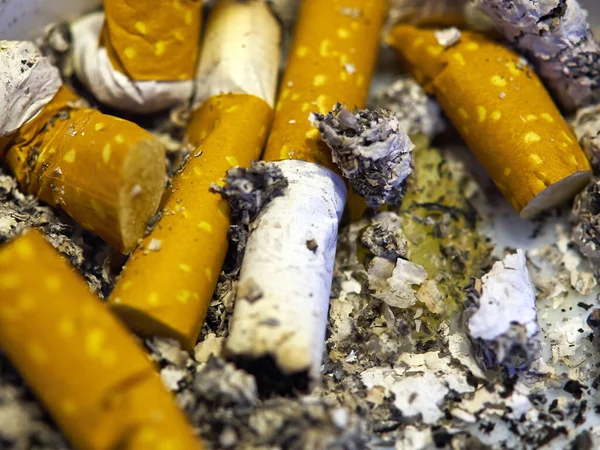 Extreme Closeup Cigarette Buts Ashtray Bad Habit Dangerous Smoking Causing — Stock Photo, Image