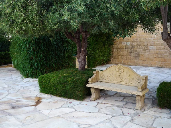 Luxusní Styl Krásné Středomořské Zahrady Klasickým Designem Kamenné Lavice — Stock fotografie